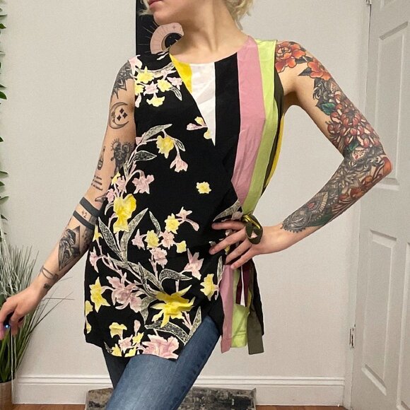 Diane Von Furstenberg Silk Stripe Top Tie-Waist Size L Multicolor - Picture 3 of 10